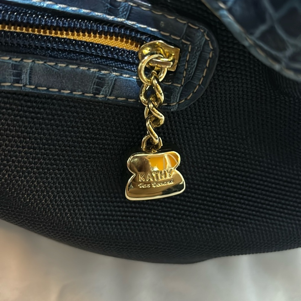 Kathy Van Zeeland Navy Canvas Faux Croc Double Strap Satchel Shoulder Bag Y2K - Picture 7 of 15
